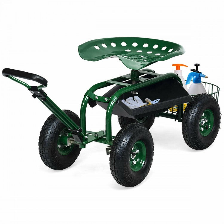 Heavy Duty Garden Cart with Tool Tray and 360 Swivel Seat