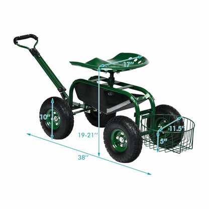 Chariot de jardin robuste avec plateau à outils et siège pivotant à 360°