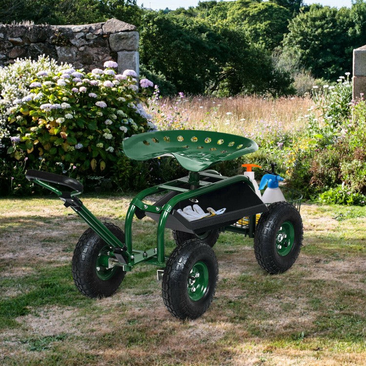 Chariot de jardin robuste avec plateau à outils et siège pivotant à 360°