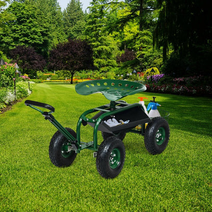 Chariot de jardin robuste avec plateau à outils et siège pivotant à 360°