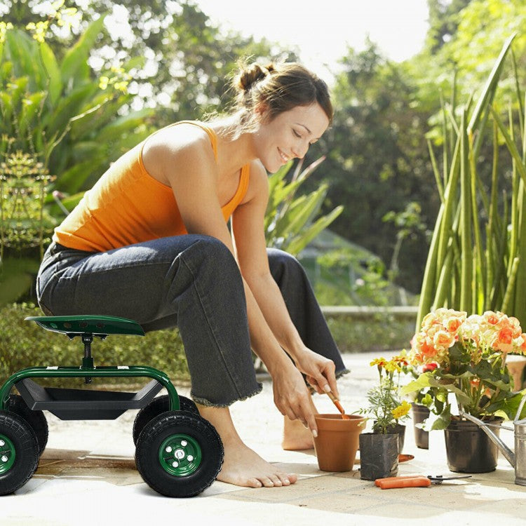 Chariot de jardin robuste avec plateau à outils et siège pivotant à 360°