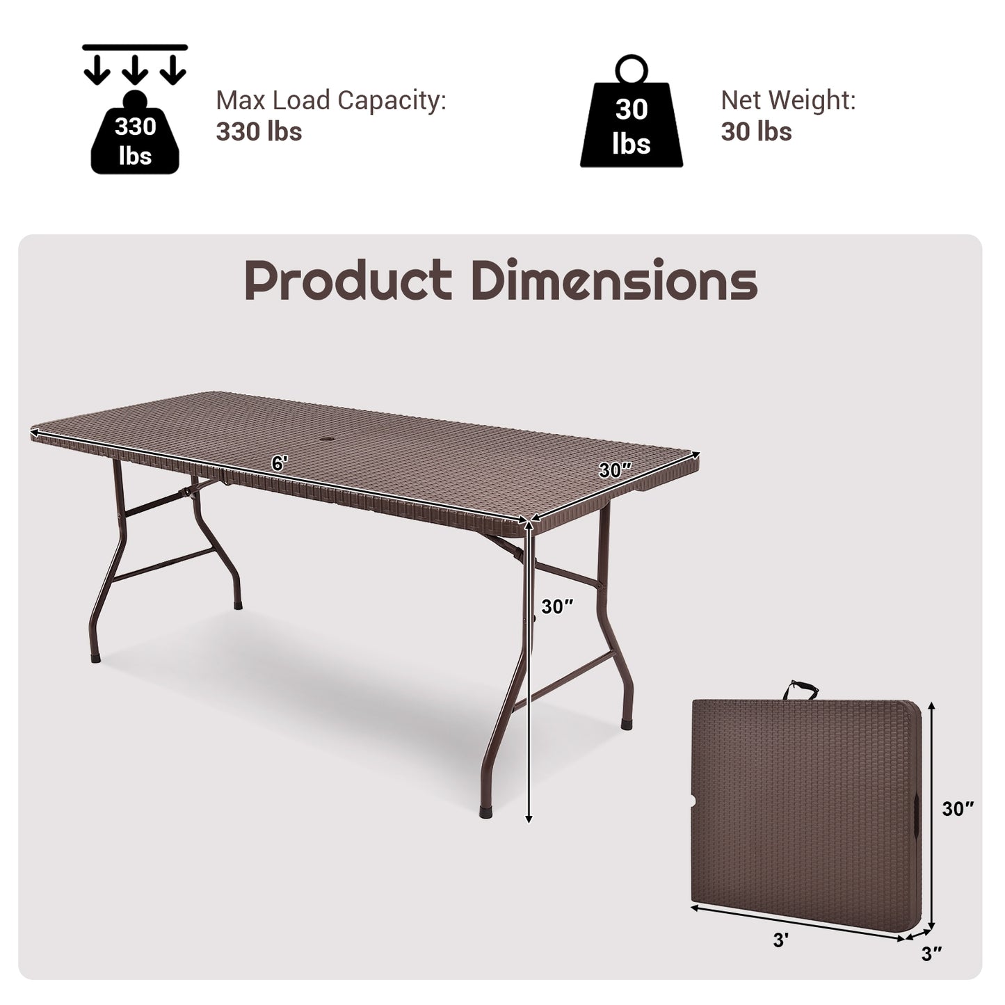 Table pliante portable en rotin de 6 pieds avec poignée de transport