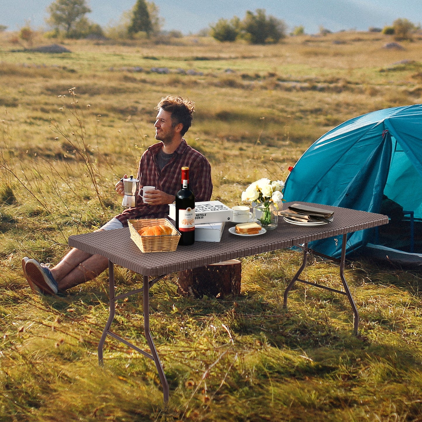 Table pliante portable en rotin de 6 pieds avec poignée de transport