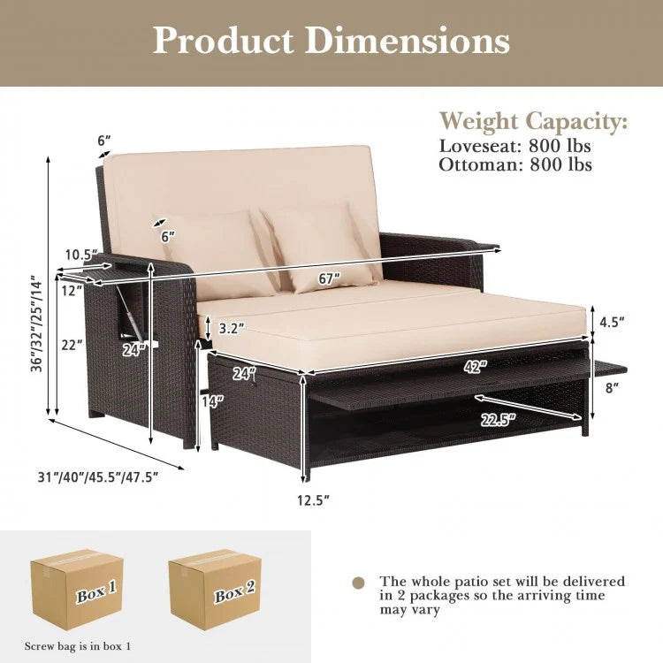 Ensemble de chaises longues en rotin pour patio avec dossier réglable à 4 niveaux et plateau latéral rétractable - Marron