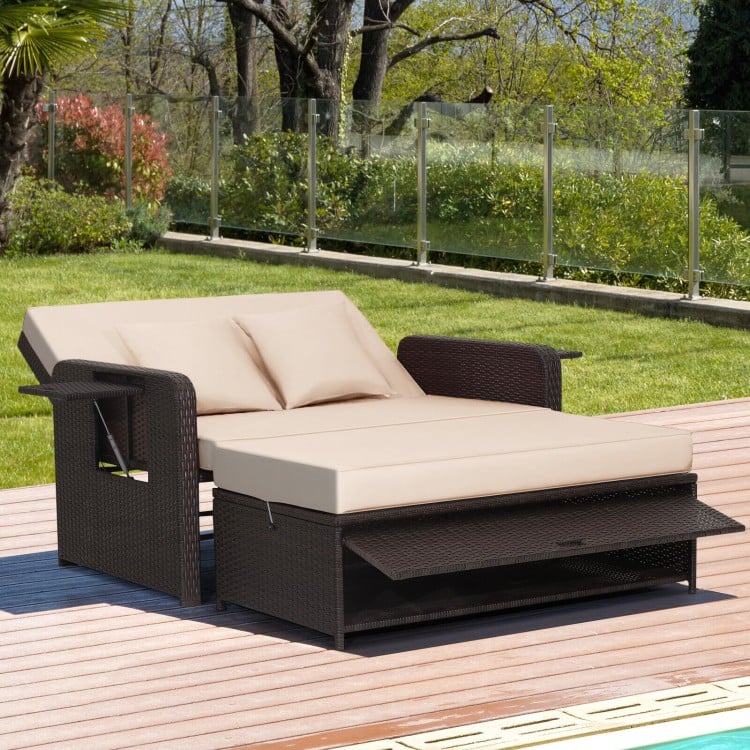 Ensemble de chaises longues en rotin pour patio avec dossier réglable à 4 niveaux et plateau latéral rétractable - Marron