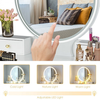 Makeup Vanity Table Set with Touch Screen Dimming Mirror and 3 Color Lighting Modes