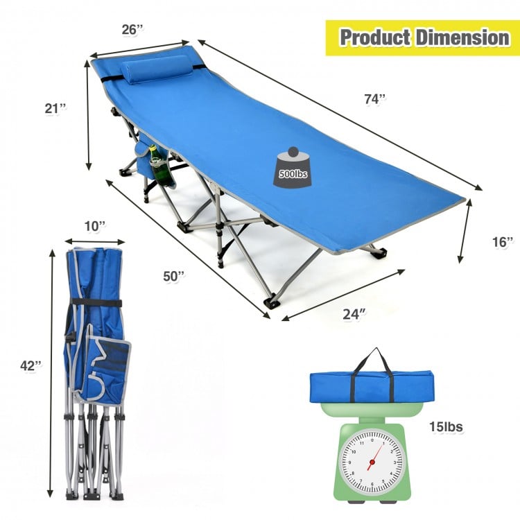 Lit de camp pliable avec poche de rangement latérale et appui-tête amovible