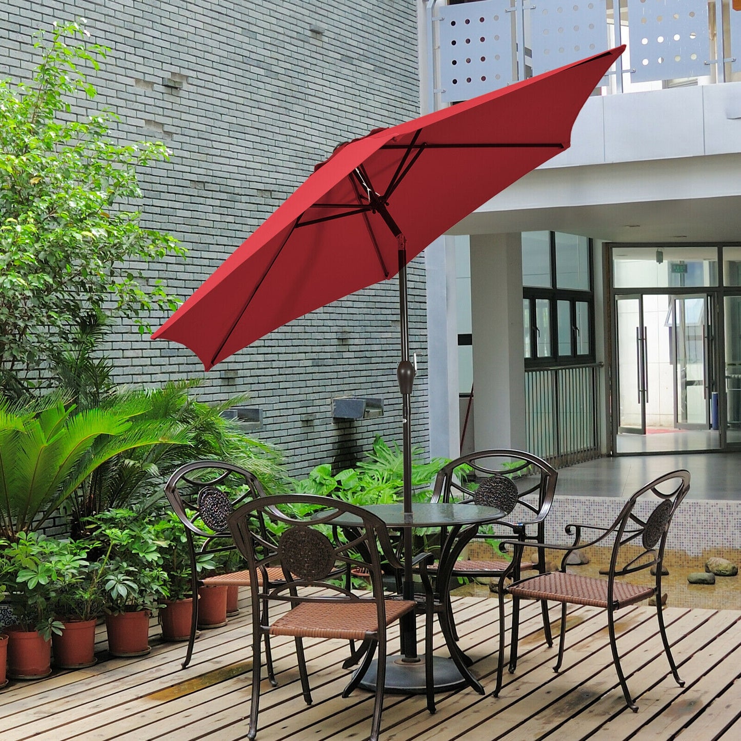 Parasol de terrasse de 9 pieds en acier inclinable avec manivelle pour jardin extérieur