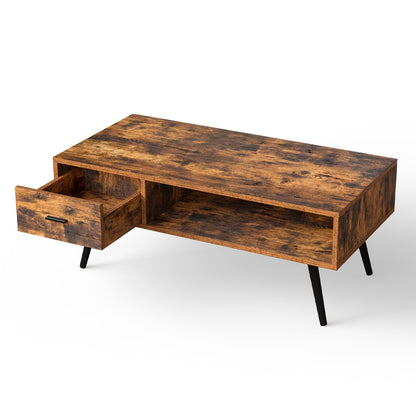 Retro Rectangular Coffee Table with Drawer and Storage Shelf