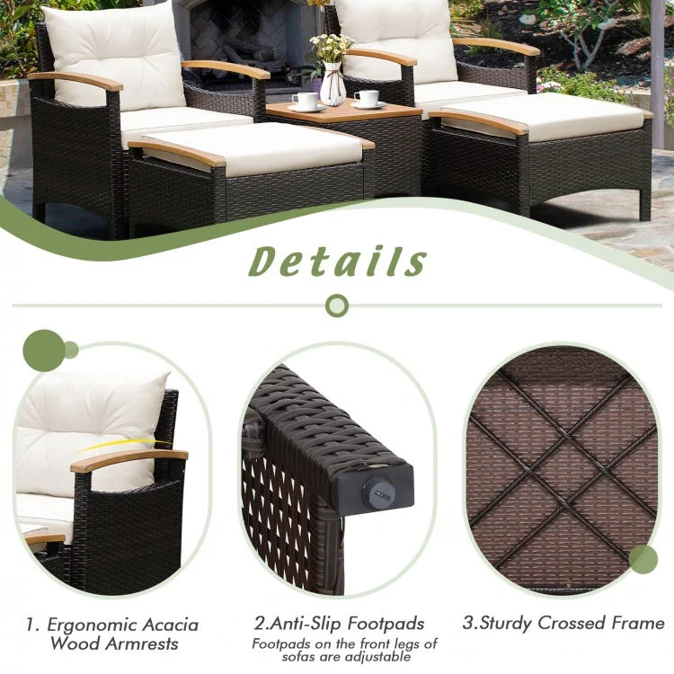 Ensemble de conversation pour patio 5 pièces avec coussins, table basse et 2 poufs