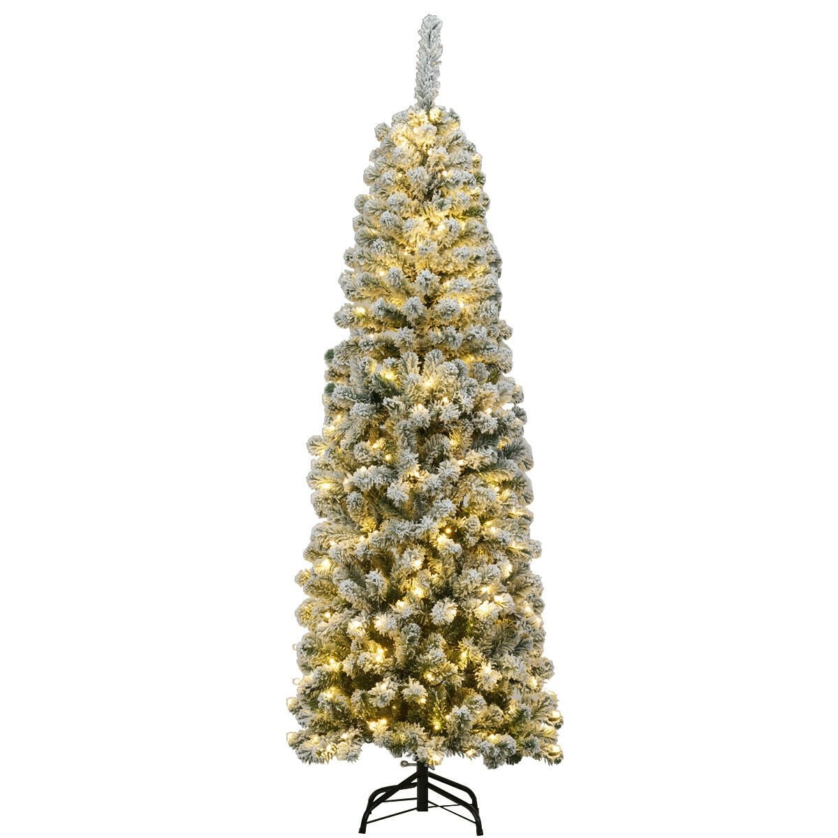 6 Feet Pre-lit Snow Flocked Artificial Pencil Christmas Tree with 250 LED Lights