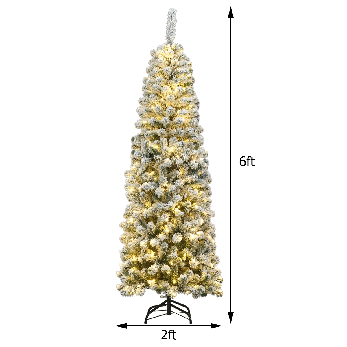 6 Feet Pre-lit Snow Flocked Artificial Pencil Christmas Tree with 250 LED Lights