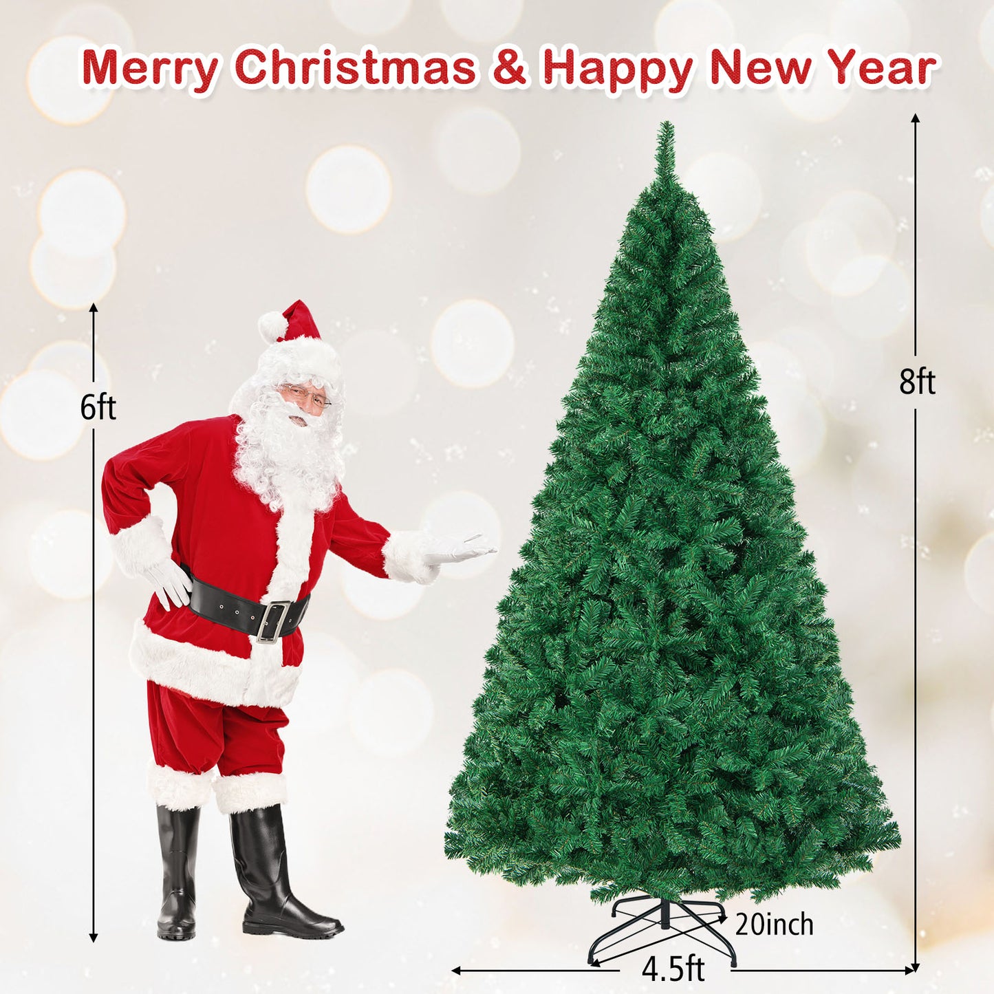 5/6/7/8 Feet Artificial PVC Hinged Christmas Tree with Solid Metal Stand