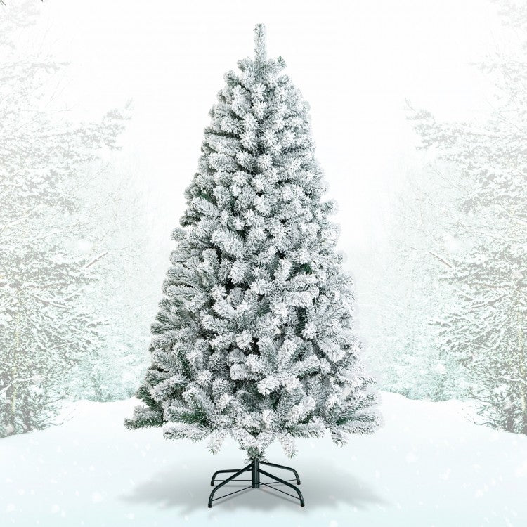 Sapin de Noël artificiel de 6 pieds décoré de neige floquée avec charnière et support en métal