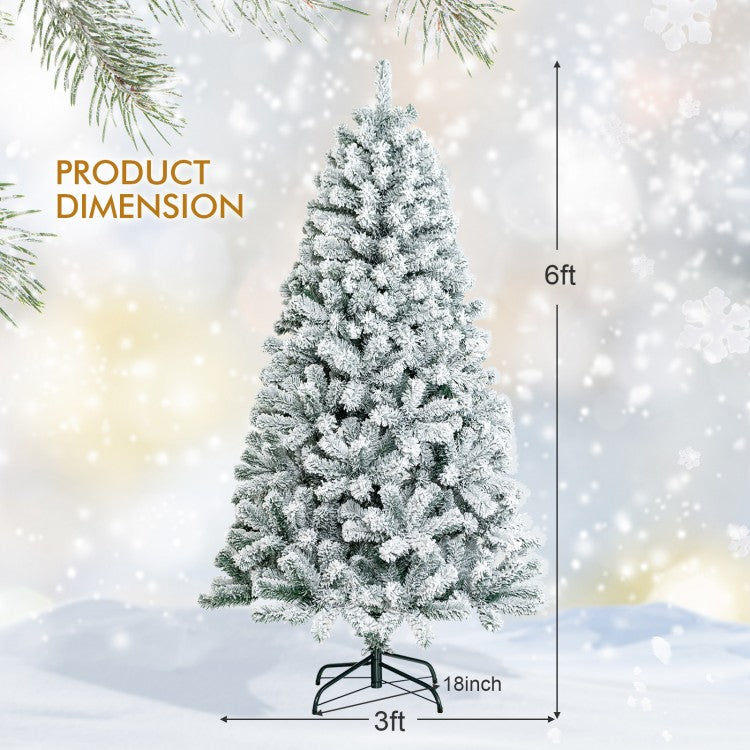 Sapin de Noël artificiel de 6 pieds décoré de neige floquée avec charnière et support en métal