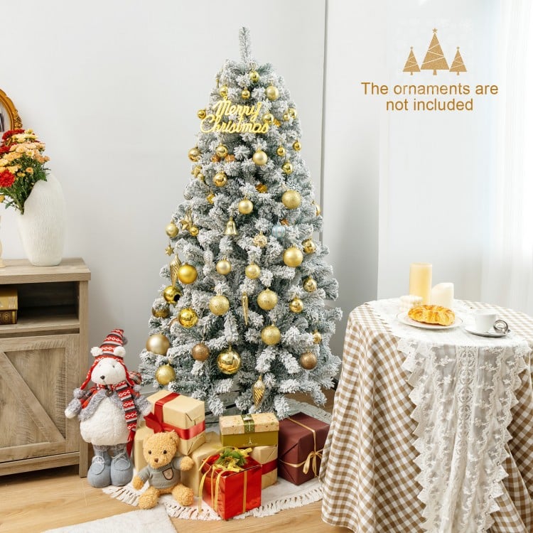 Sapin de Noël artificiel de 6 pieds décoré de neige floquée avec charnière et support en métal