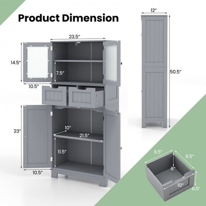 4 Door Freestanding Bathroom Floor Storage Cabinet with 2 Drawers and Glass Doors