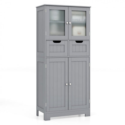 4 Door Freestanding Bathroom Floor Storage Cabinet with 2 Drawers and Glass Doors