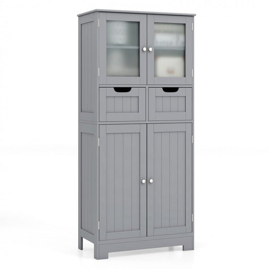 4 Door Freestanding Bathroom Floor Storage Cabinet with 2 Drawers and Glass Doors