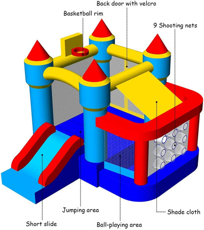 Castle Slide Inflatable Bounce House with Ball Pit and Basketball Hoop