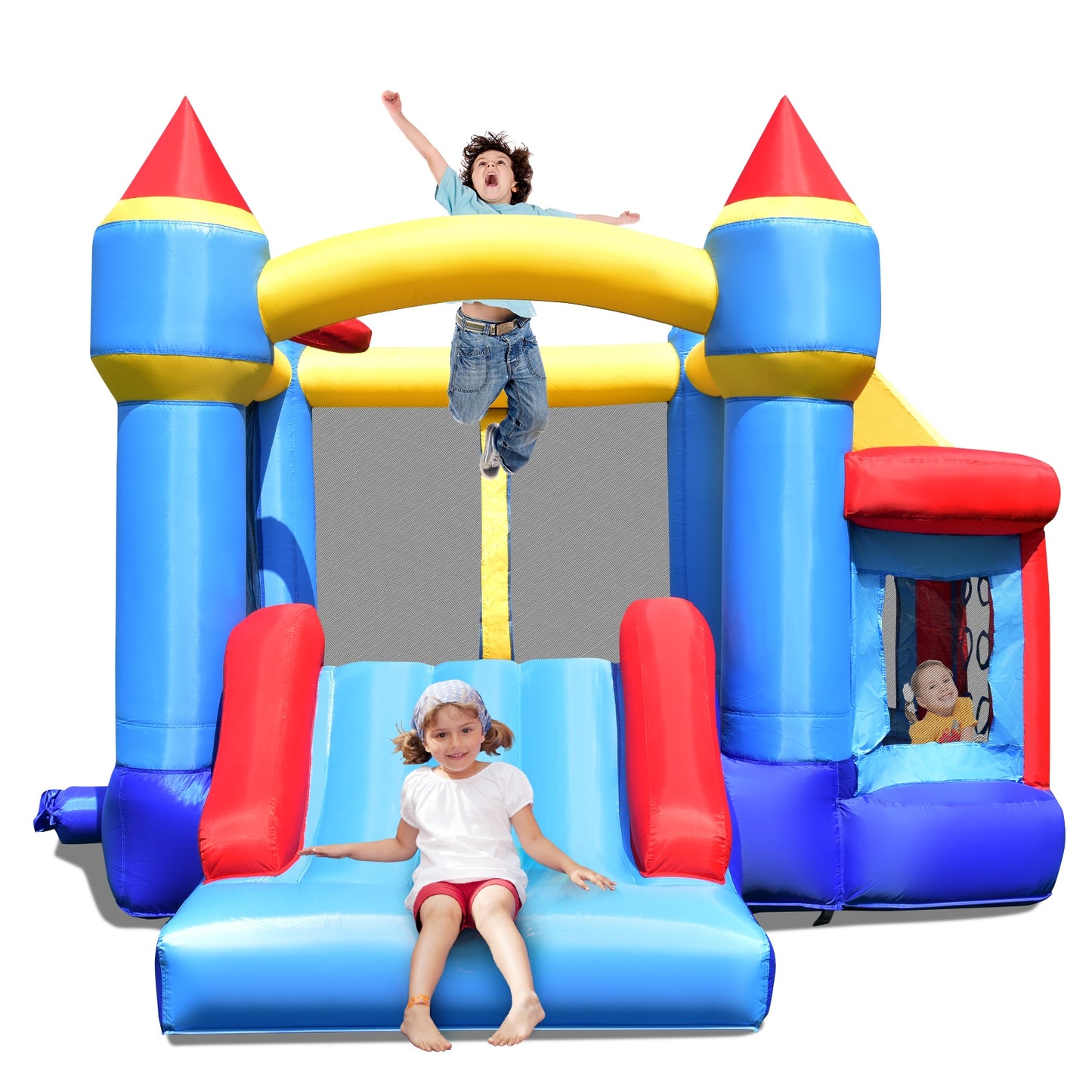 Castle Slide Inflatable Bounce House with Ball Pit and Basketball Hoop