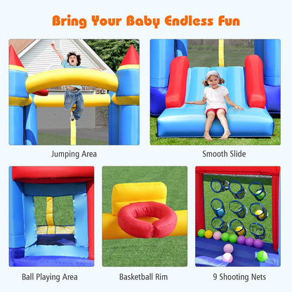 Castle Slide Inflatable Bounce House with Ball Pit and Basketball Hoop