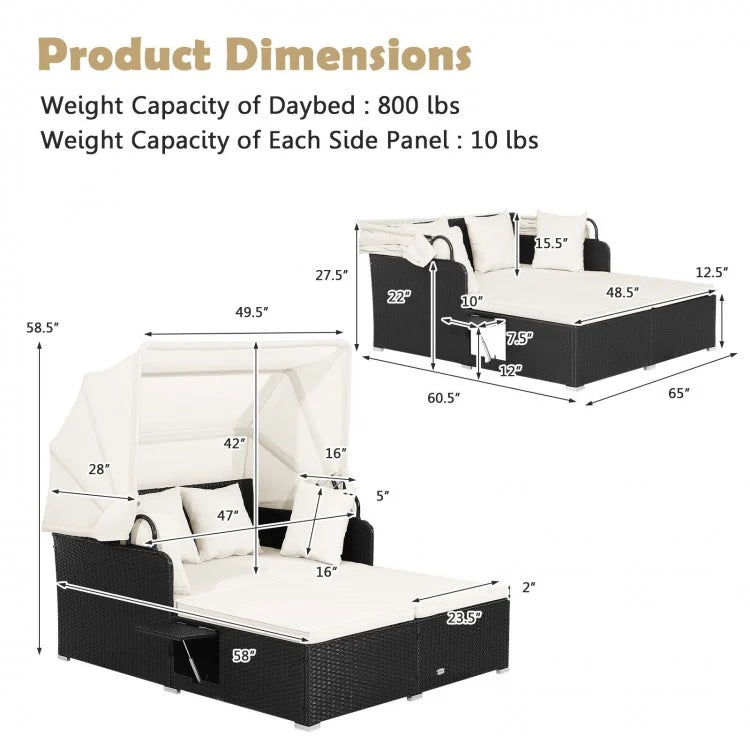 Lit de repos en rotin pour patio avec auvent rétractable et tables d'appoint - Blanc cassé