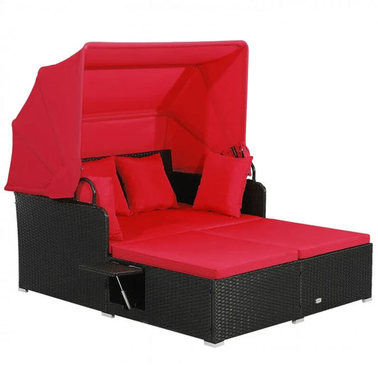 Lit de repos en rotin pour patio avec auvent rétractable et tables d'appoint - Rouge