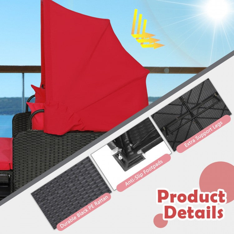 Patio Rattan Daybed with Retractable Canopy and Side Tables-Red