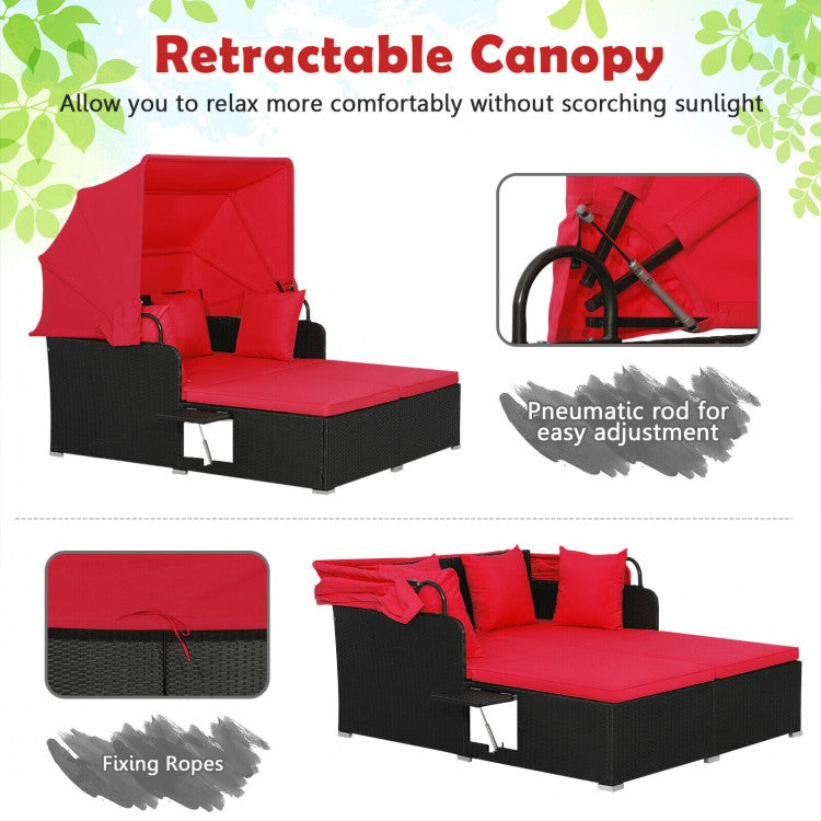 Patio Rattan Daybed with Retractable Canopy and Side Tables-Red