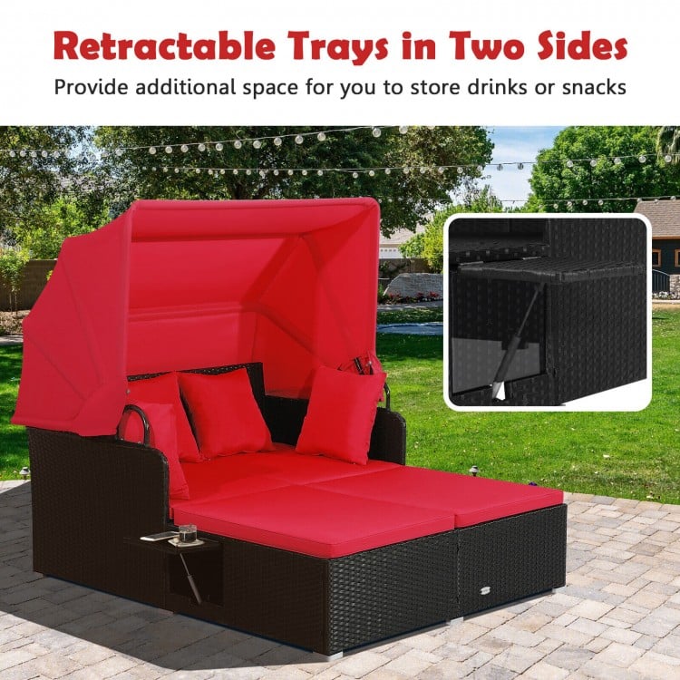 Patio Rattan Daybed with Retractable Canopy and Side Tables-Red