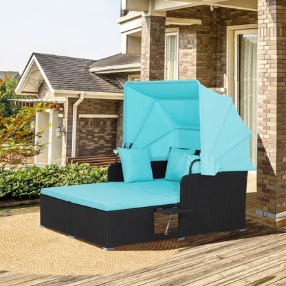 Patio Rattan Daybed with Retractable Canopy and Side Tables-Turquoise