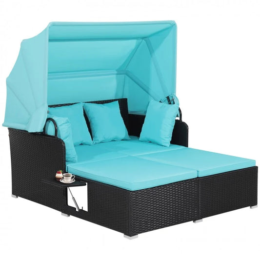 Lit de repos en rotin pour patio avec auvent rétractable et tables d'appoint - Turquoise