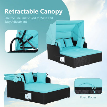 Patio Rattan Daybed with Retractable Canopy and Side Tables-Turquoise