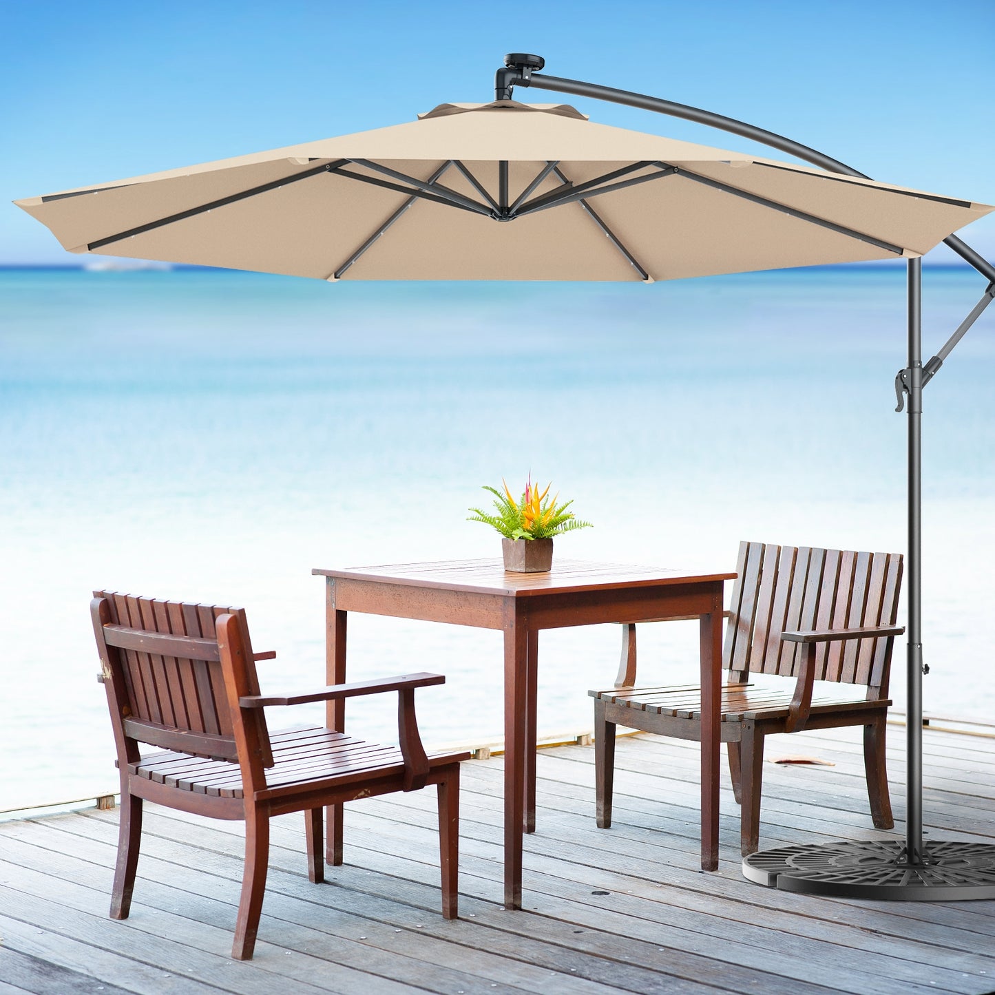 10 Feet Patio Hanging Solar LED Umbrella Sun Shade with Cross Base-Beige