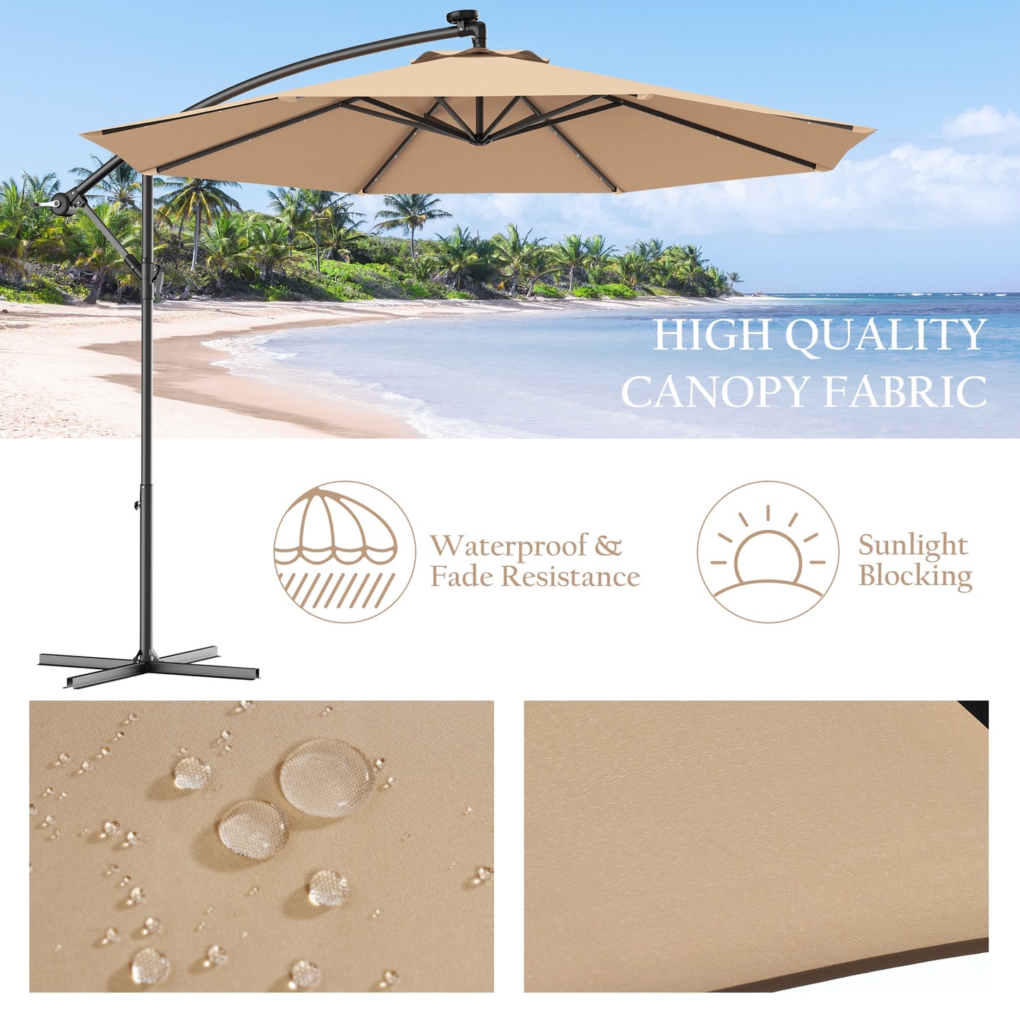 10 Feet Patio Hanging Solar LED Umbrella Sun Shade with Cross Base-Beige