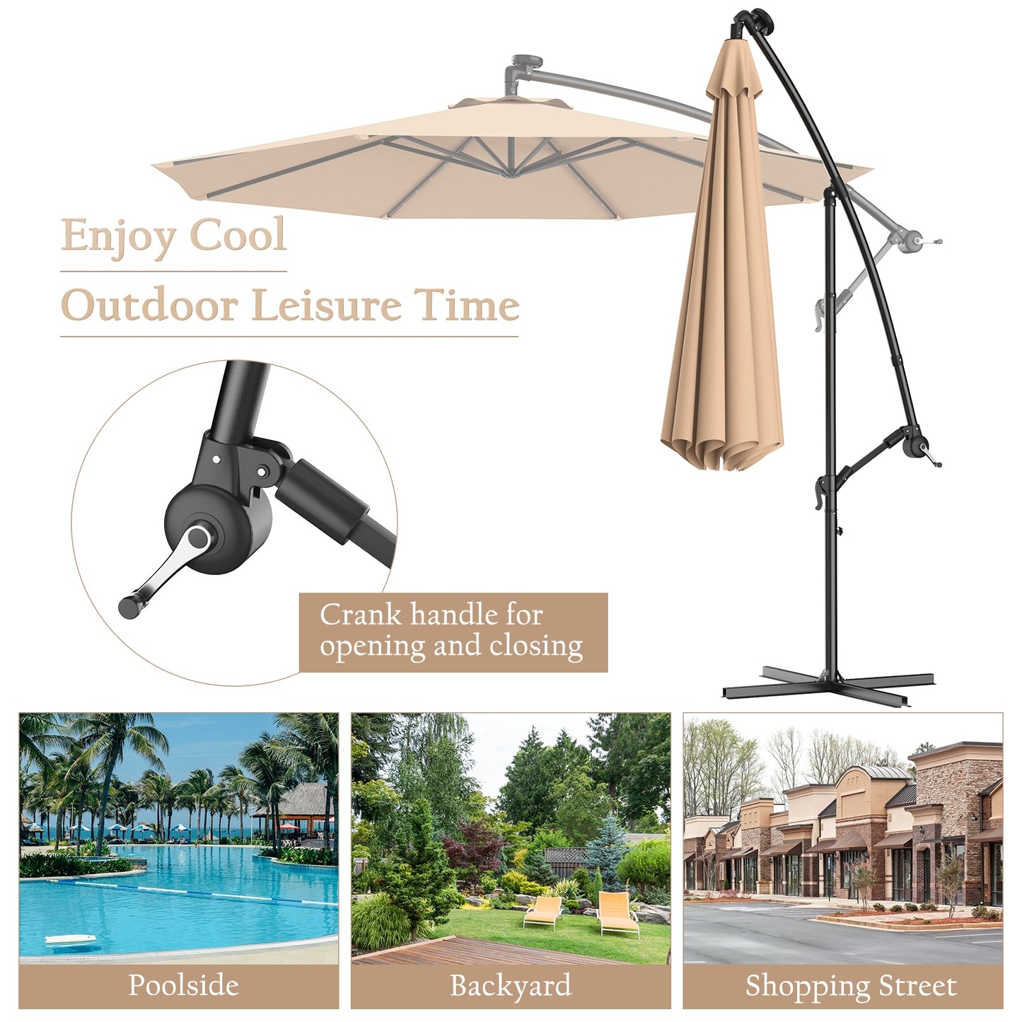 10 Feet Patio Hanging Solar LED Umbrella Sun Shade with Cross Base-Beige