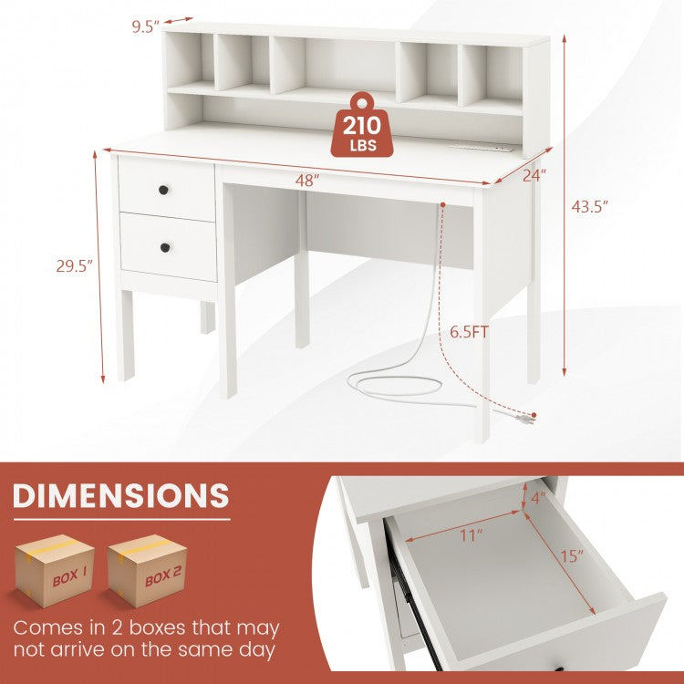 48 Inch Computer Desk with Drawers Power Outlets and 5-Cubby Hutch-White