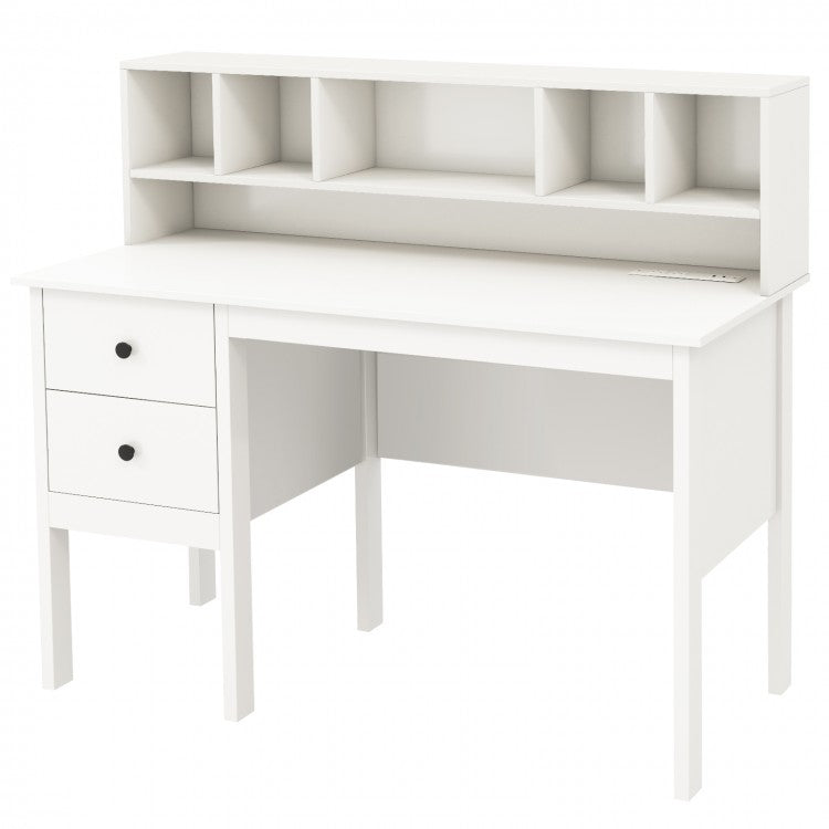 48 Inch Computer Desk with Drawers Power Outlets and 5-Cubby Hutch-White