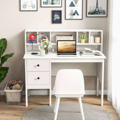 48 Inch Computer Desk with Drawers Power Outlets and 5-Cubby Hutch-White