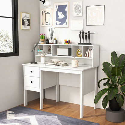 48 Inch Computer Desk with Drawers Power Outlets and 5-Cubby Hutch-White