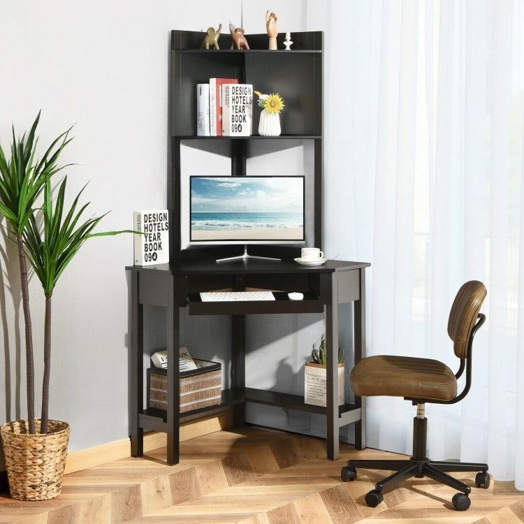 Corner Computer Desk with Hutch and Storage Shelves-Black