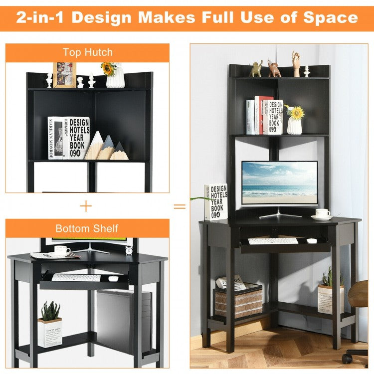 Corner Computer Desk with Hutch and Storage Shelves-Black