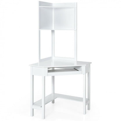 Corner Computer Desk with Hutch and Storage Shelves-White