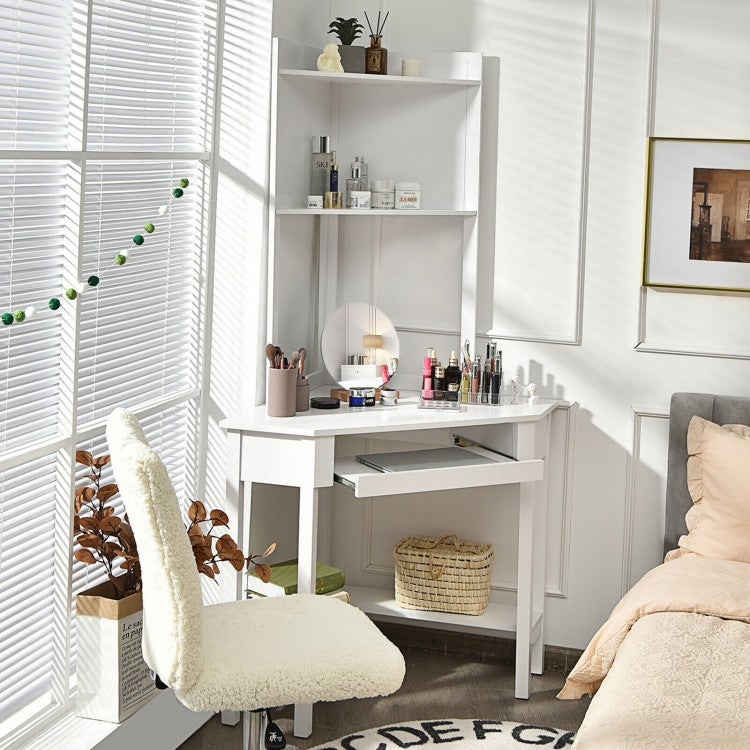 Corner Computer Desk with Hutch and Storage Shelves-White