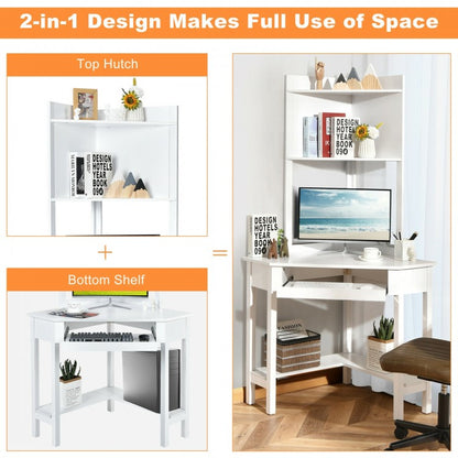 Corner Computer Desk with Hutch and Storage Shelves-White