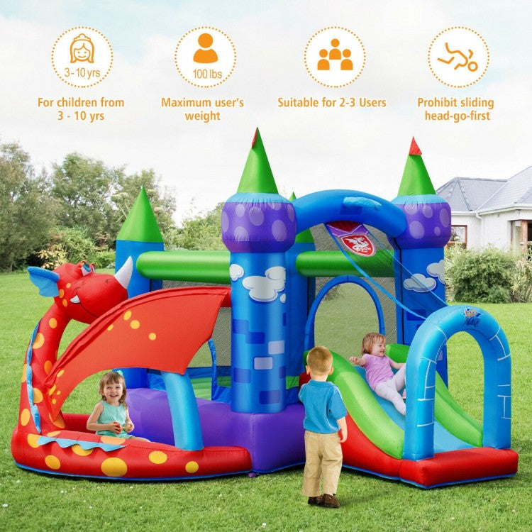 Kids Inflatable Bounce House Dragon Jumping Slide Bouncer Castle with 740W Blower