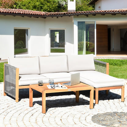 3 Piece Patio Acacia Sofa Set with Nylon Armrest