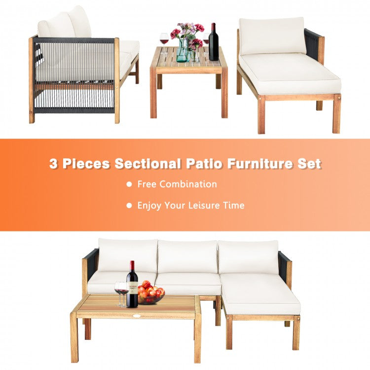 Ensemble de canapés de patio 3 pièces en acacia avec accoudoirs en nylon