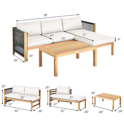 Ensemble de canapés de patio 3 pièces en acacia avec accoudoirs en nylon